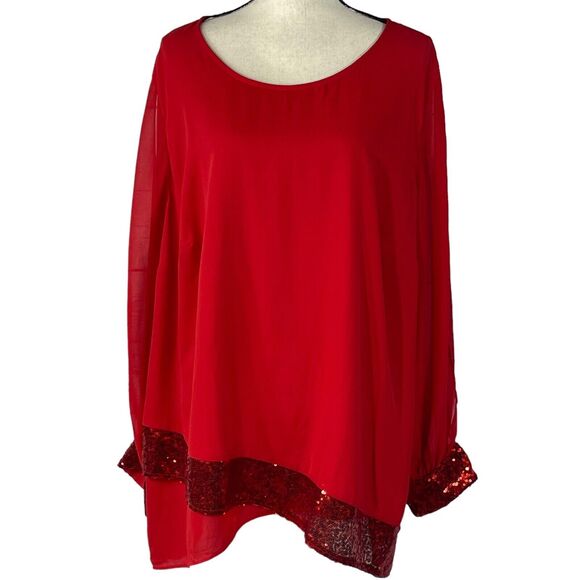 JM Collection 3X-Large Top Sequins Split Balloon Sleeve Scoop Neck Lined Red New - Picture 1 of 11